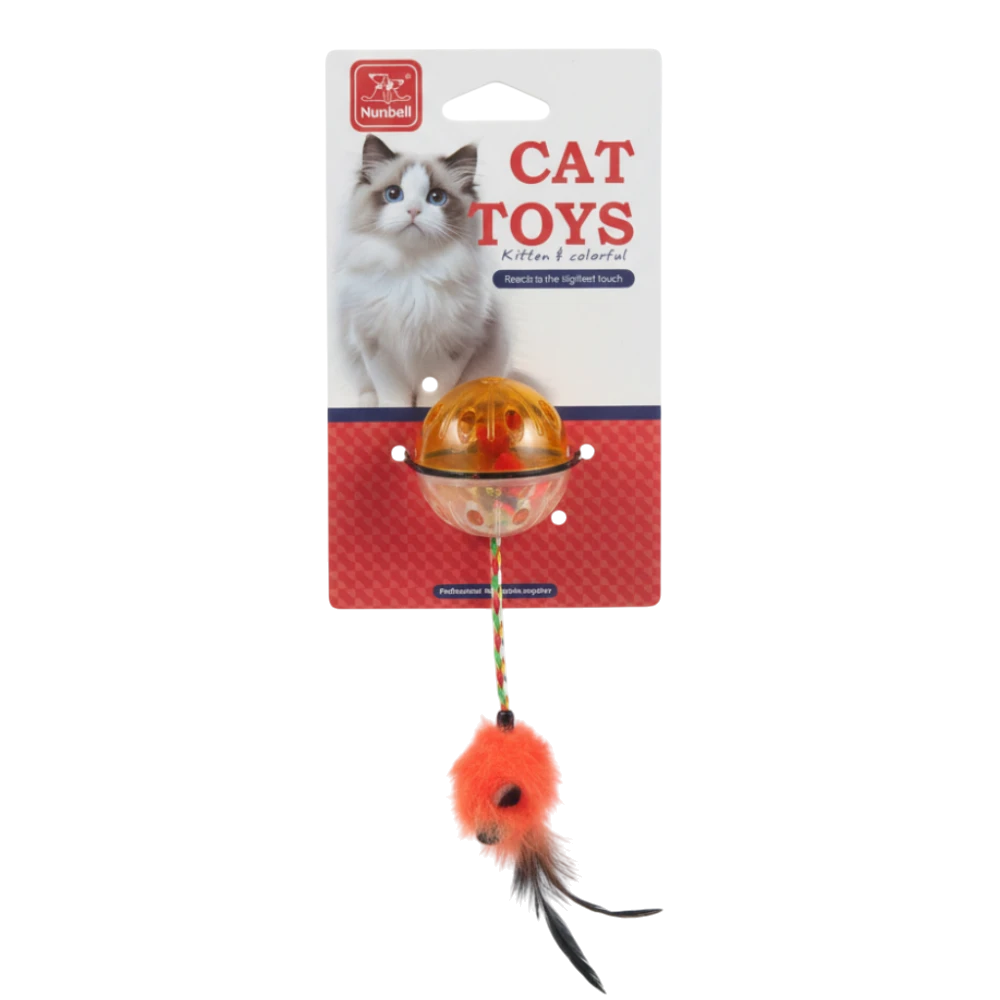 Cat toy with a bell and feather on a Nylabone branded package