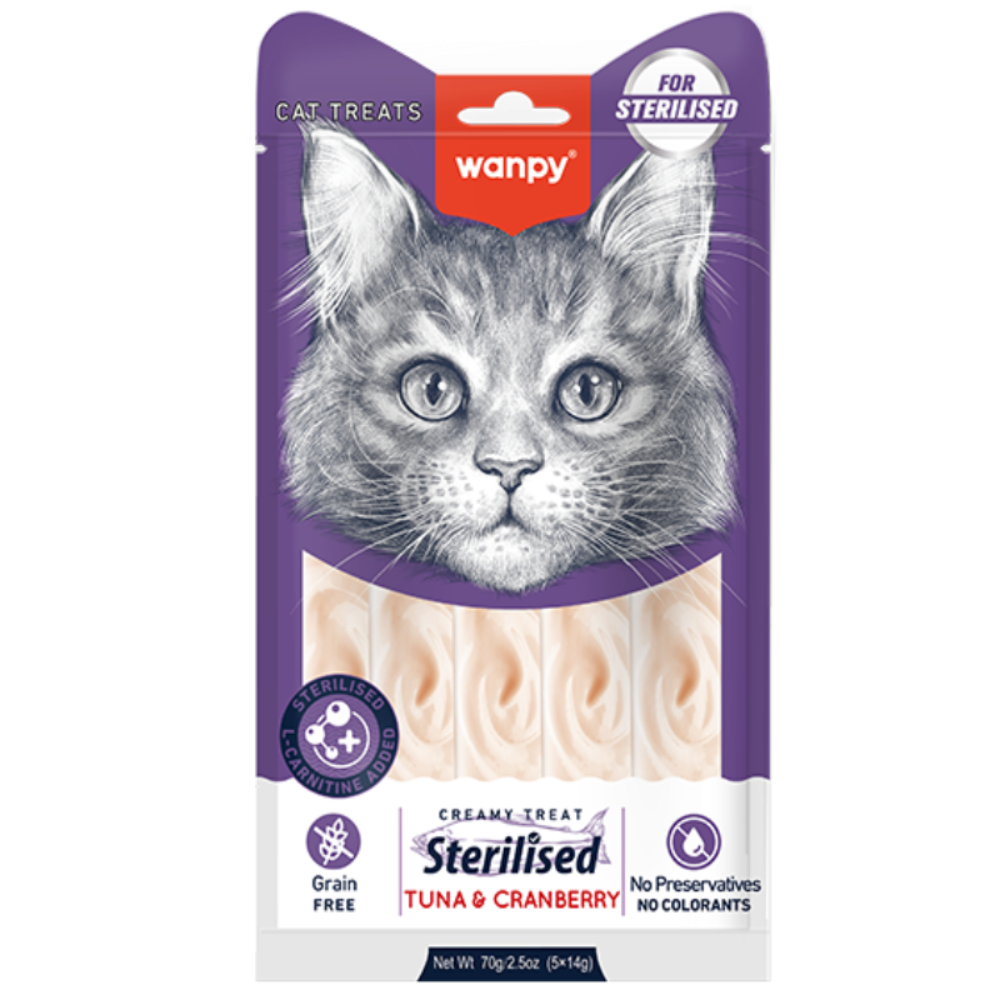 Wanpy cat treats package for sterilised cats with a purple border and kitten illustration.
