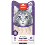 Wanpy cat treats package for sterilised cats with a purple border and kitten illustration.