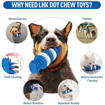Dog chewing on a blue and white chew toy with various benefits listed around it.