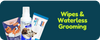 Pet grooming products including wipes and waterless grooming on a green banner with text.