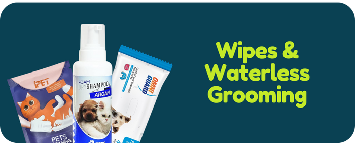 Pet grooming products including wipes and waterless grooming on a green banner with text.
