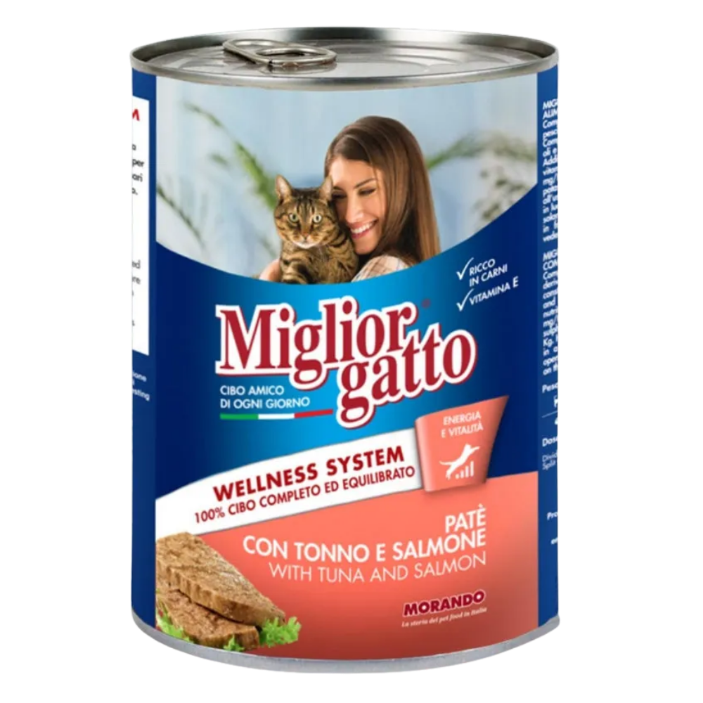 Can of Miglior Gatto cat food with a woman and cat on the label