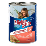 Can of Miglior Gatto cat food with a woman and cat on the label