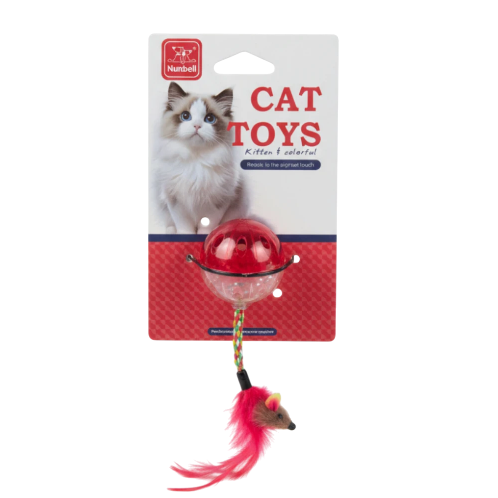 Cat toy with red bell and feather on a white background