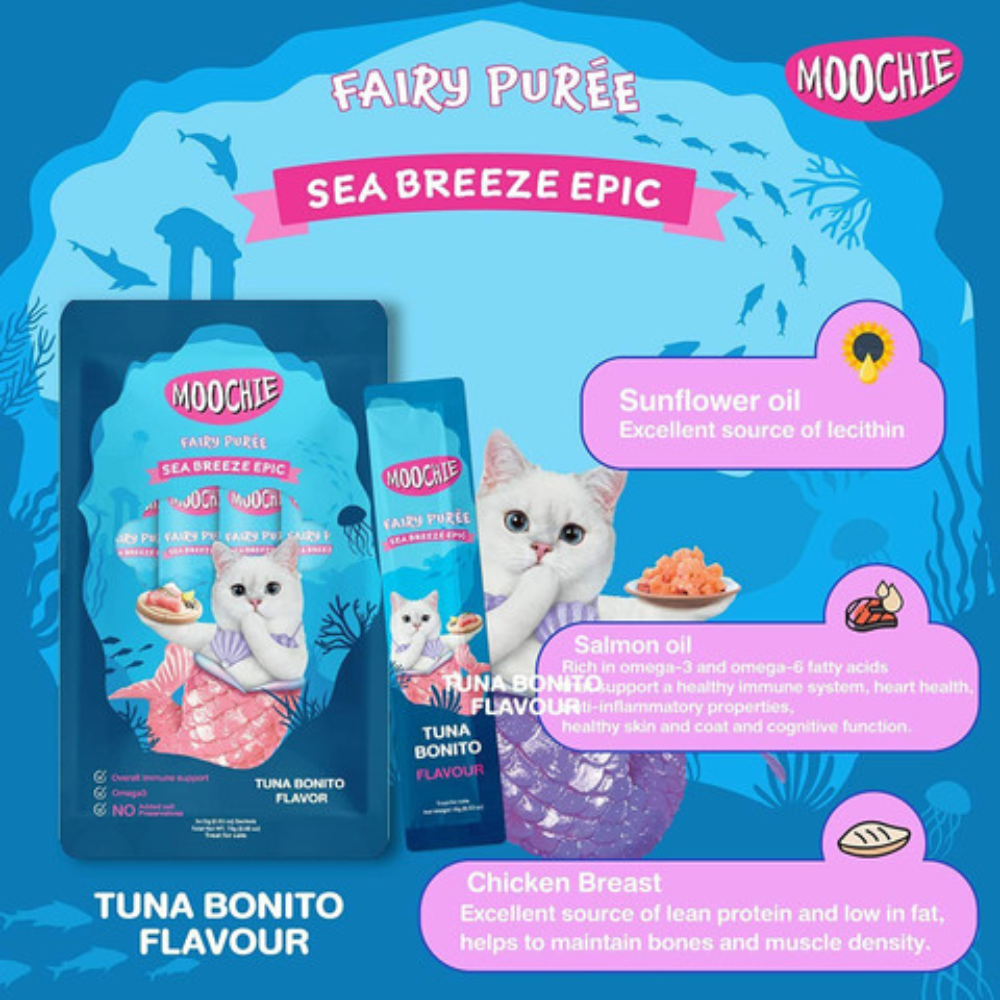 Moochie Fairy Puree Sea Breeze Epic cat food packaging with product details on a blue background