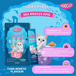 Moochie Fairy Puree Sea Breeze Epic cat food packaging with product details on a blue background