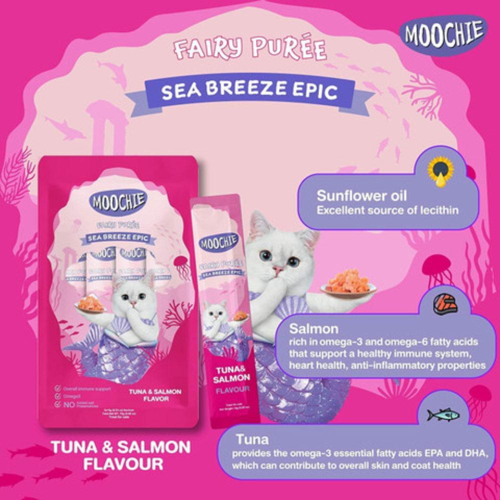 Moochie Fairy Puree Sea Breeze Epic tuna and salmon flavor cat food packaging on a pink background