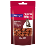 Cat food package labeled 'Fit+Fun Crunchy Pockets' with a cat on the label.
