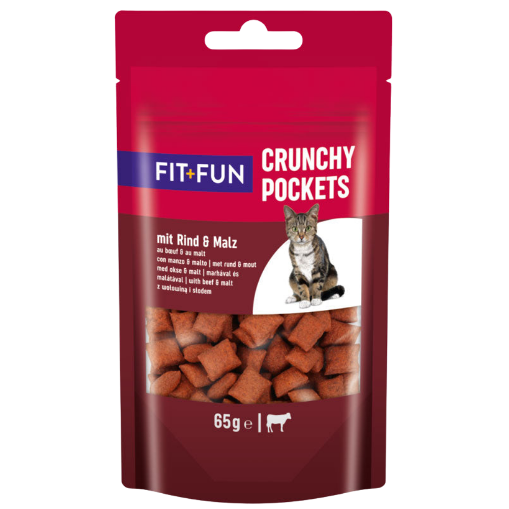 Cat food package labeled 'Fit+Fun Crunchy Pockets' with a cat on the label.