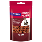 Cat food package labeled 'Fit+Fun Crunchy Pockets' with a cat on the label.