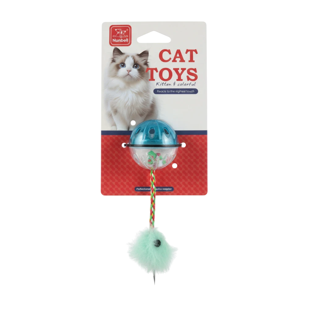 Cat toy with a bell and feather on a Numbell branded card against a white background