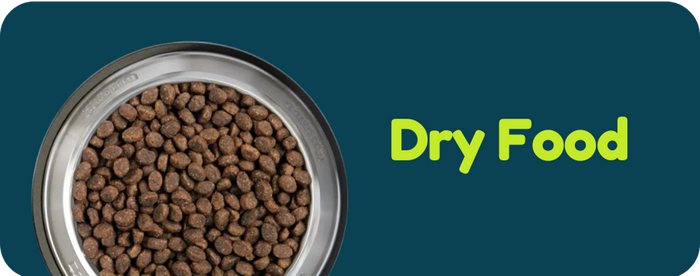 Stainless steel bowl filled with dry dog food on a dark green background with 'Dry Food' text.