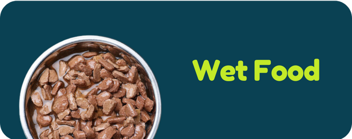 Bowl of wet dog food with 'Wet Food' text on a green background