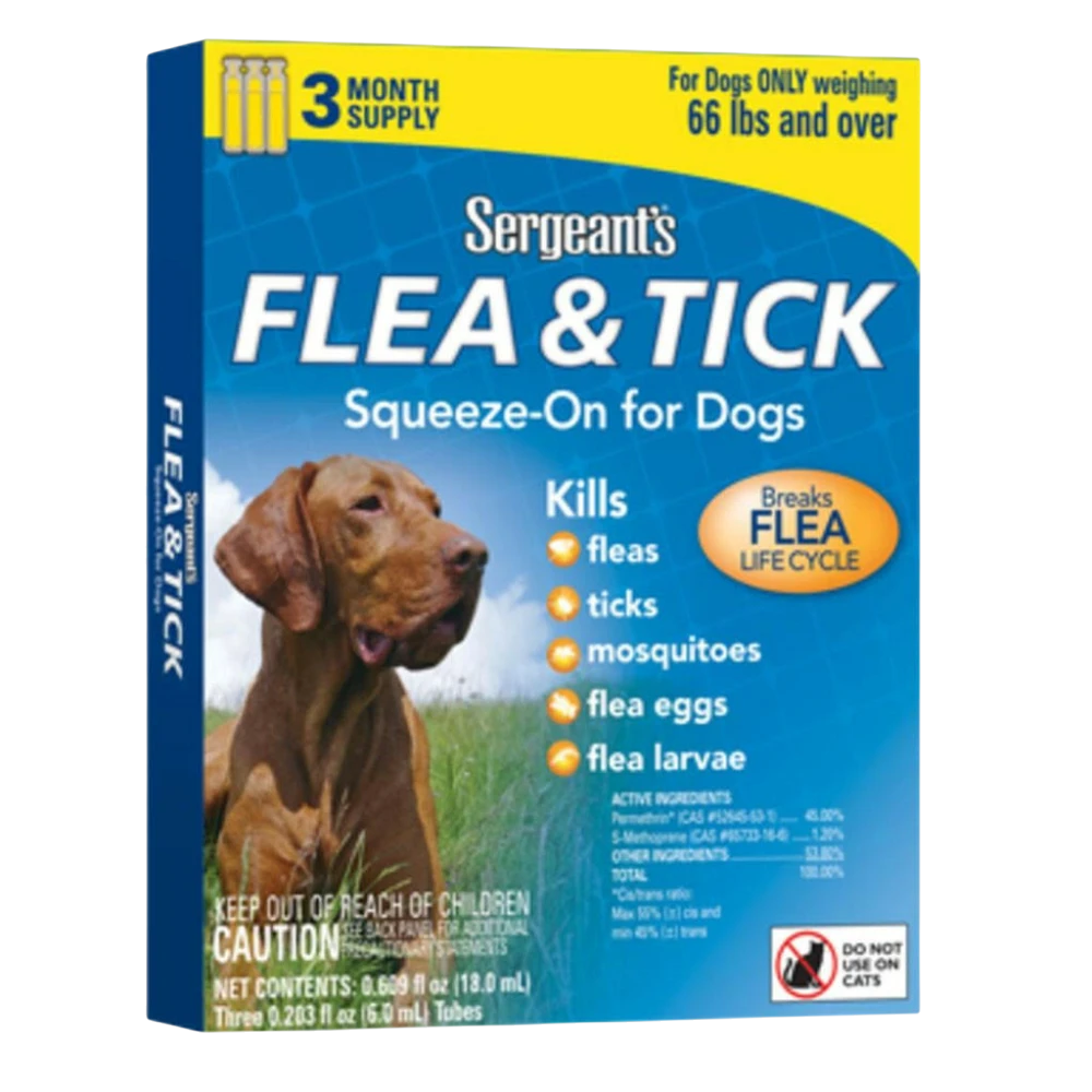 Sergeant's Flea & Tick Squeeze-On for Dogs packaging with a dog on the label.