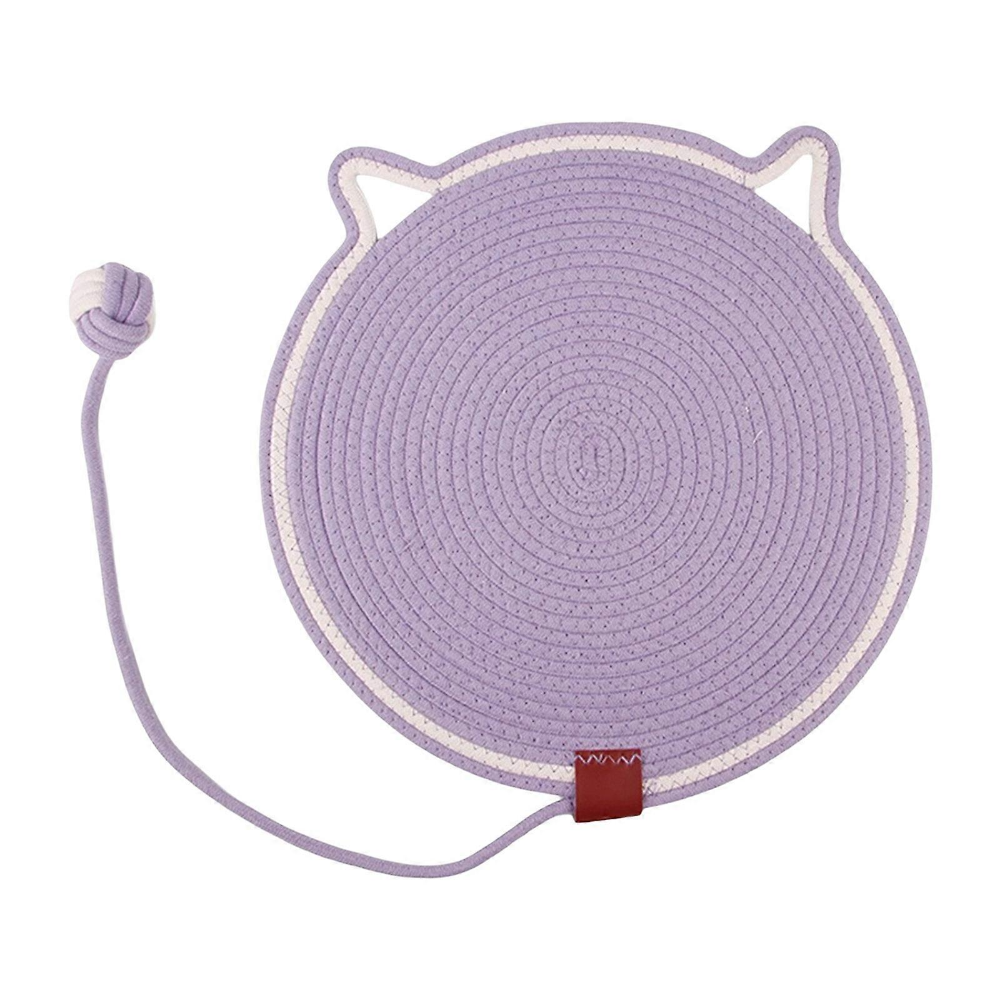 Purple circular cat toy with a string and ball on a white background