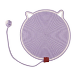 Purple circular cat toy with a string and ball on a white background