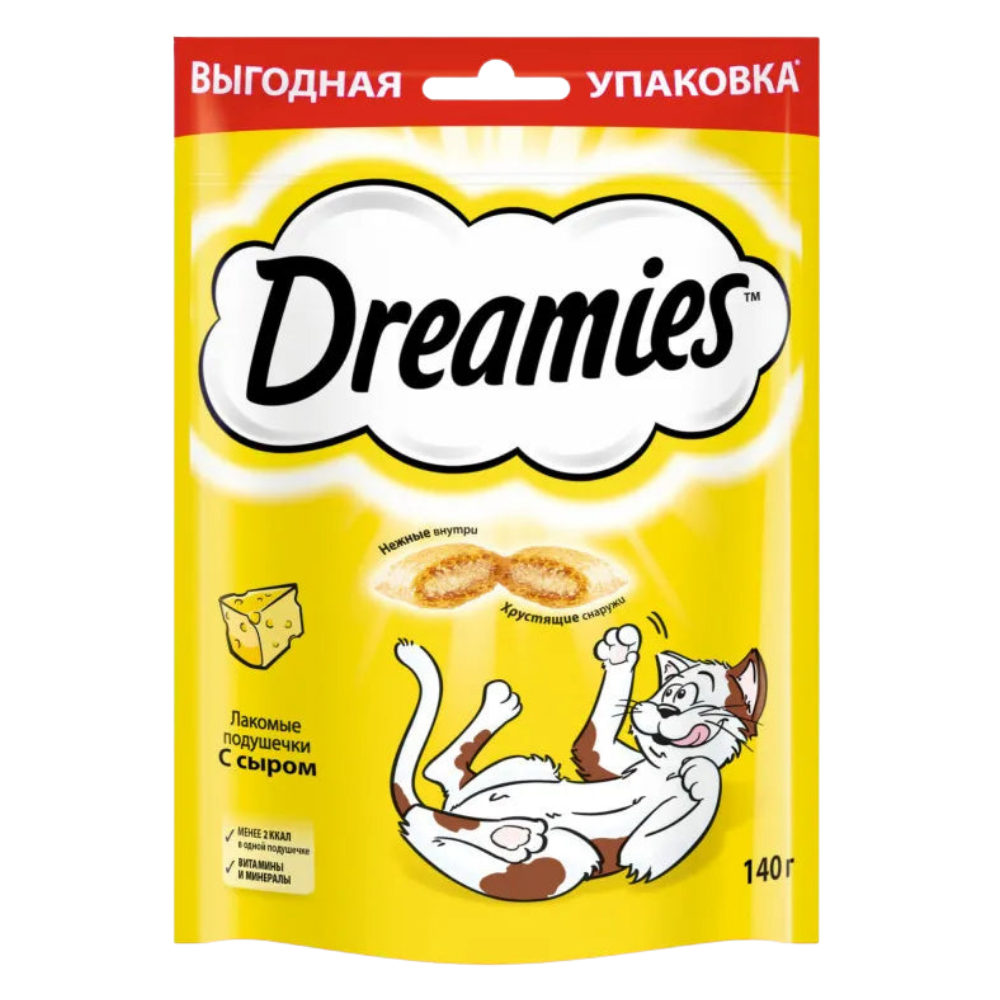 Dreamies cat treat package with a cartoon cat and cheese illustration on a yellow background