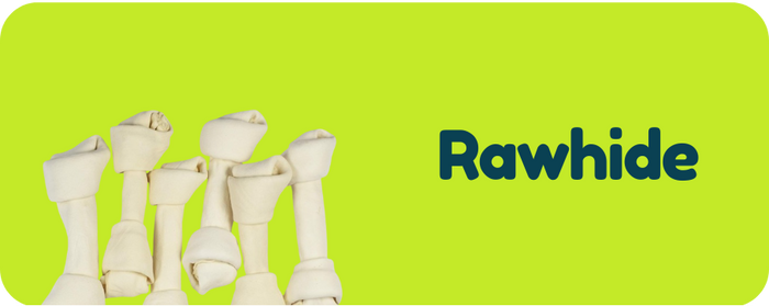 Rawhide dog chew bones on a green background with 'Rawhide' branding.