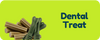 Dog dental treats with a green label indicating 'Dental Treat' on a white background