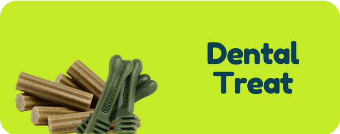 Dog dental treats with a green label indicating 'Dental Treat' on a white background