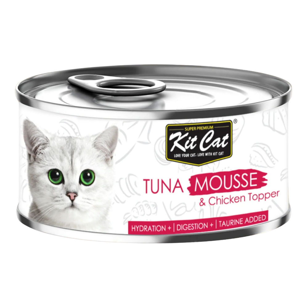 Can of Kit Cat tuna mousse & chicken topper for cats on a white background