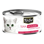 Can of Kit Cat tuna mousse & chicken topper for cats on a white background