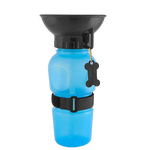 Blue pet water bottle with black funnel and collar on a white background