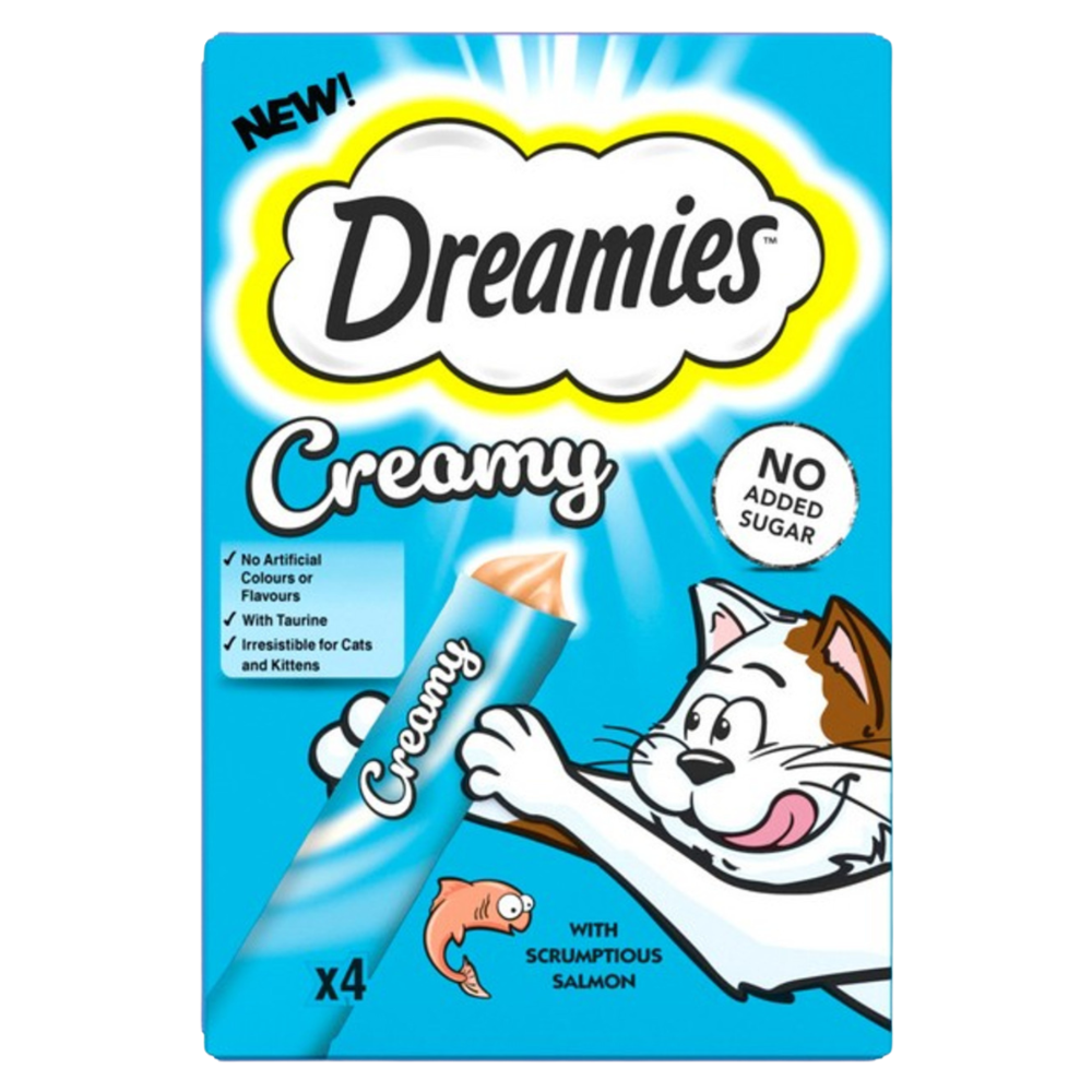Dreamies Creamy cat treat packaging with a cartoon cat on a blue background