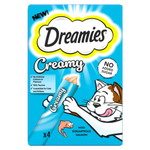 Dreamies Creamy cat treat packaging with a cartoon cat on a blue background