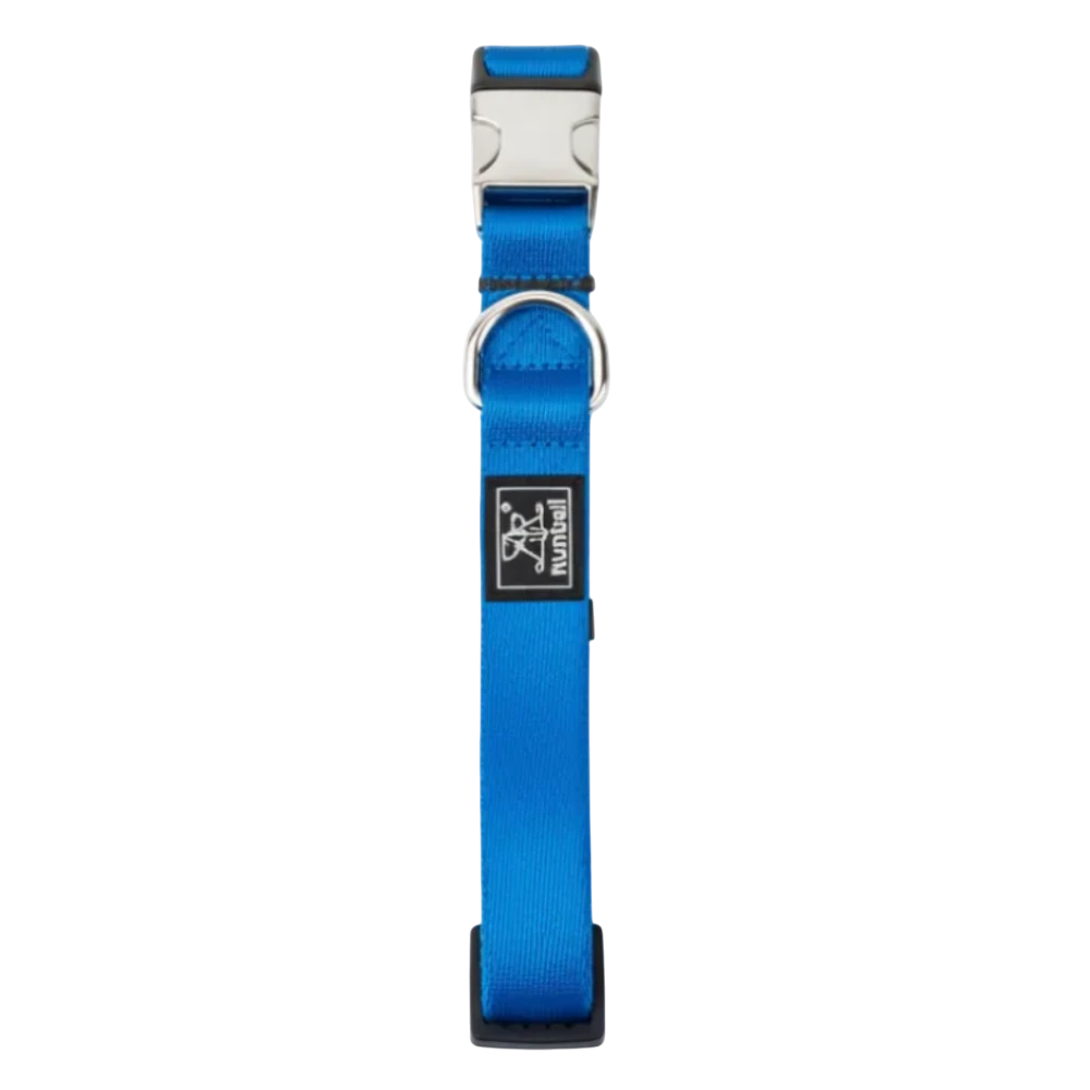 Blue dog collar with a brand logo on a white background
