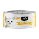 Can of Kit Cat tuna and chicken cat food on a white background