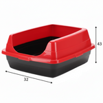 Red and black pet litter box with dimensions on a white background