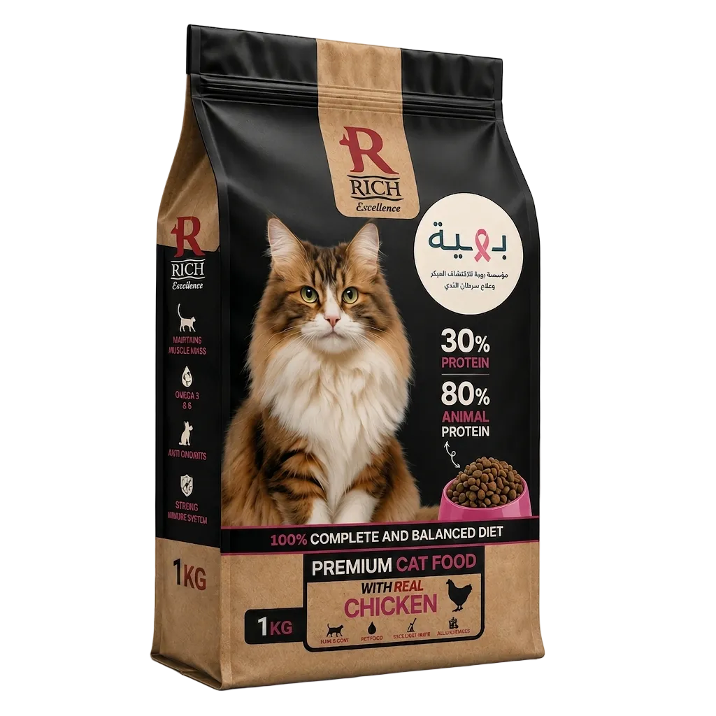 A 1 kg bag of Rich Excellence Premium Cat Food with Real Chicken, featuring a long-haired tabby cat on the front of the packaging, set against a plain white background.