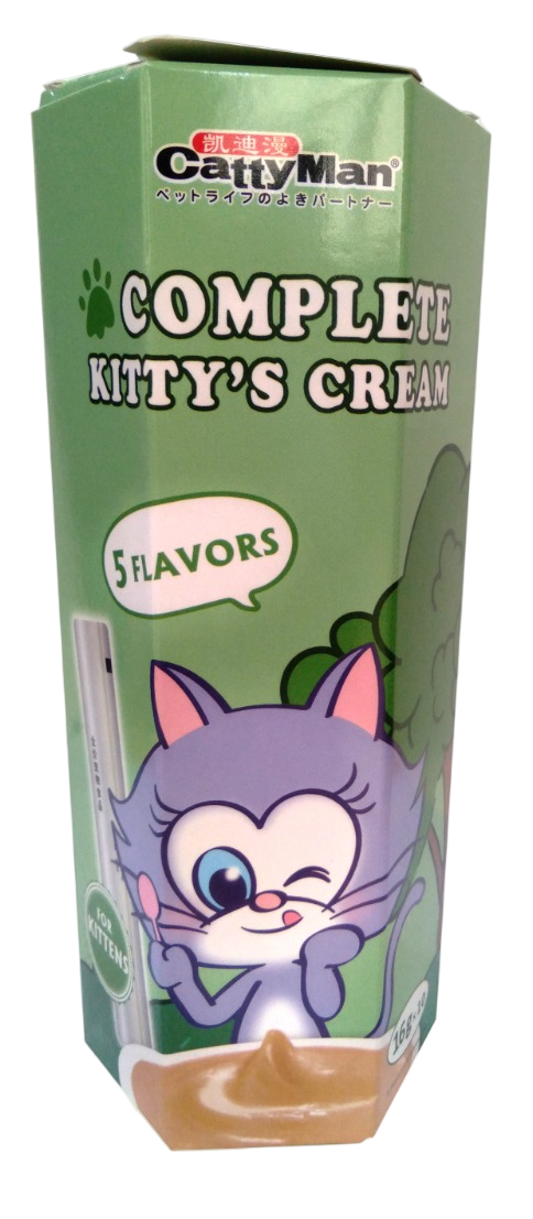 CattyMan Complete Kitty's Cream packaging with a cat illustration on a green background