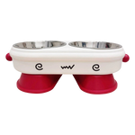 Pet bowl with red silicone feet and white base on a white background