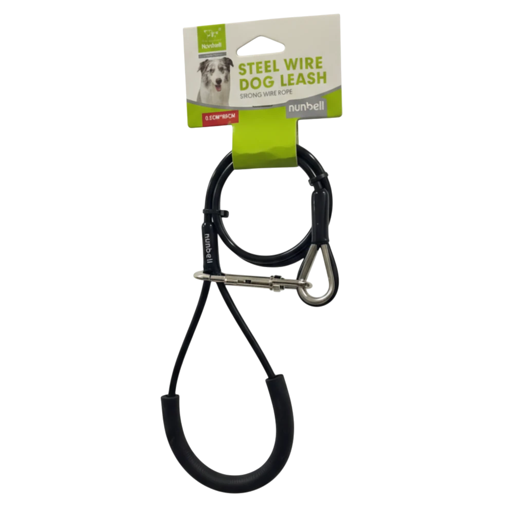 Black dog leash with metal clip on a white background