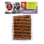 Pack of dog treats with visible branding and nutritional information on a white background