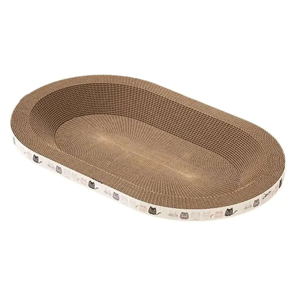 Oval-shaped cat scratcher with corrugated design on a white background