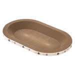 Oval-shaped cat scratcher with corrugated design on a white background