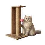 Cat sitting on a wooden scratching post with a pink toy on a white background