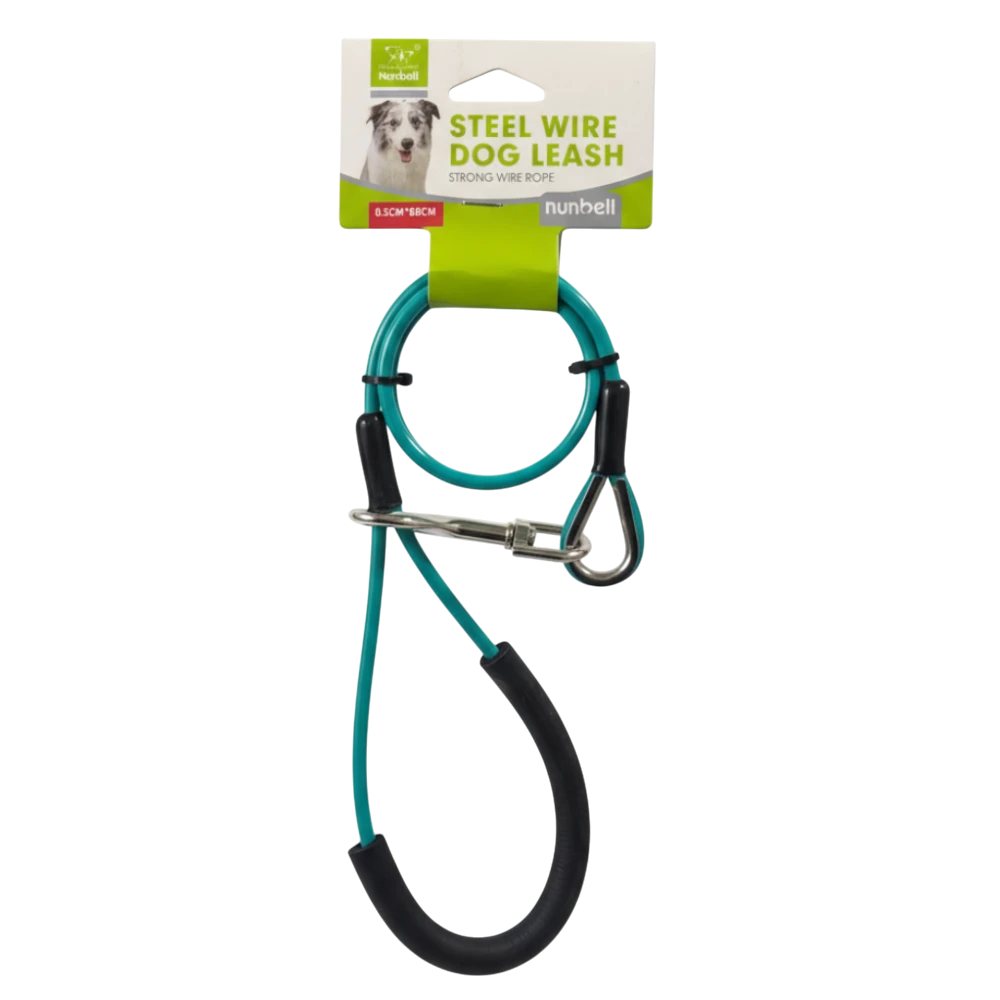 Teal dog leash with black ends and metal clip on a white background, featuring a NUNHILL brand label.