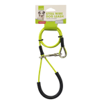 Yellow and black dog leash with a carabiner on a white background