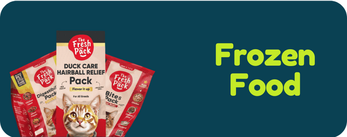 Cat food packages with 'Frozen Food' text on a blue background