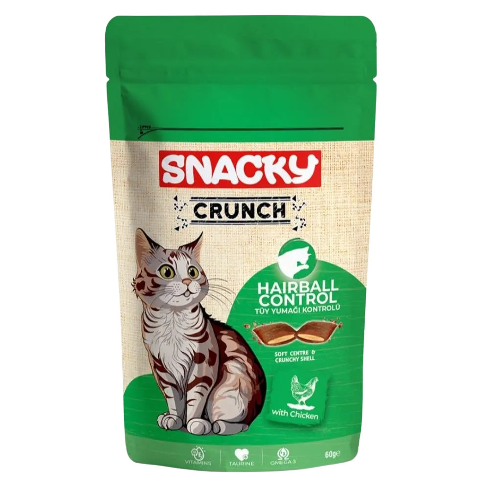 Snacky Crunch cat food package with a green and beige design on a white background