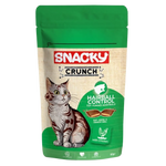 Snacky Crunch cat food package with a green and beige design on a white background