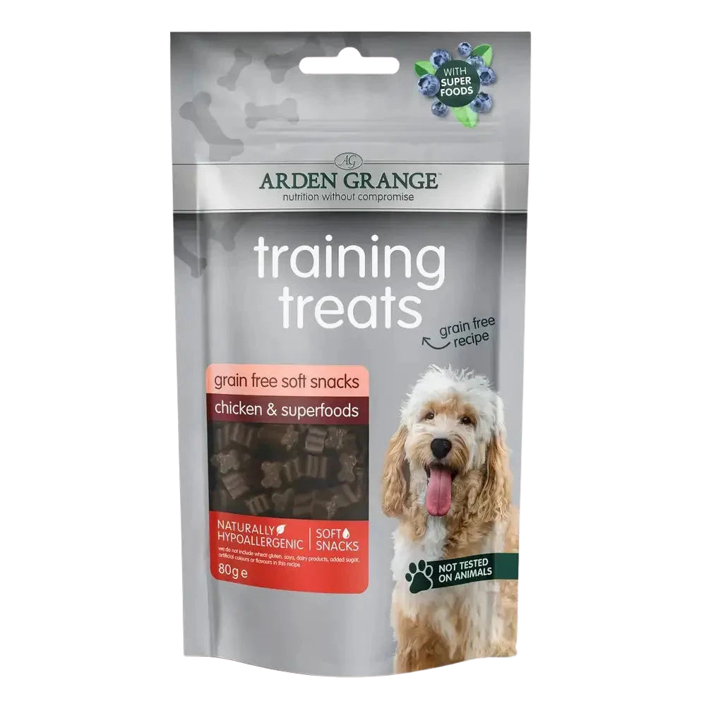 Arden Grange training treats packaging for dogs on a white background
