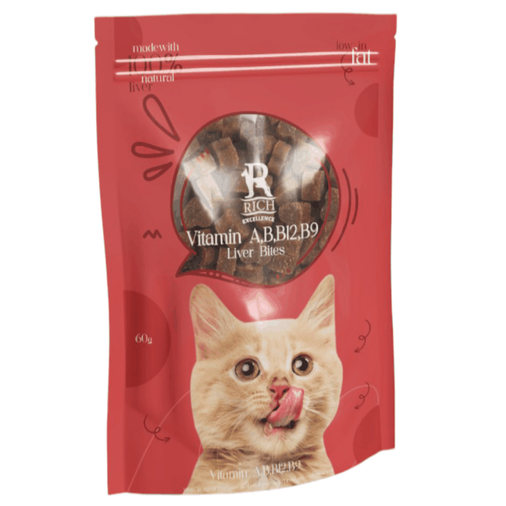 Red package of cat treats with a cat's face on a white background