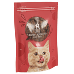 Red package of cat treats with a cat's face on a white background