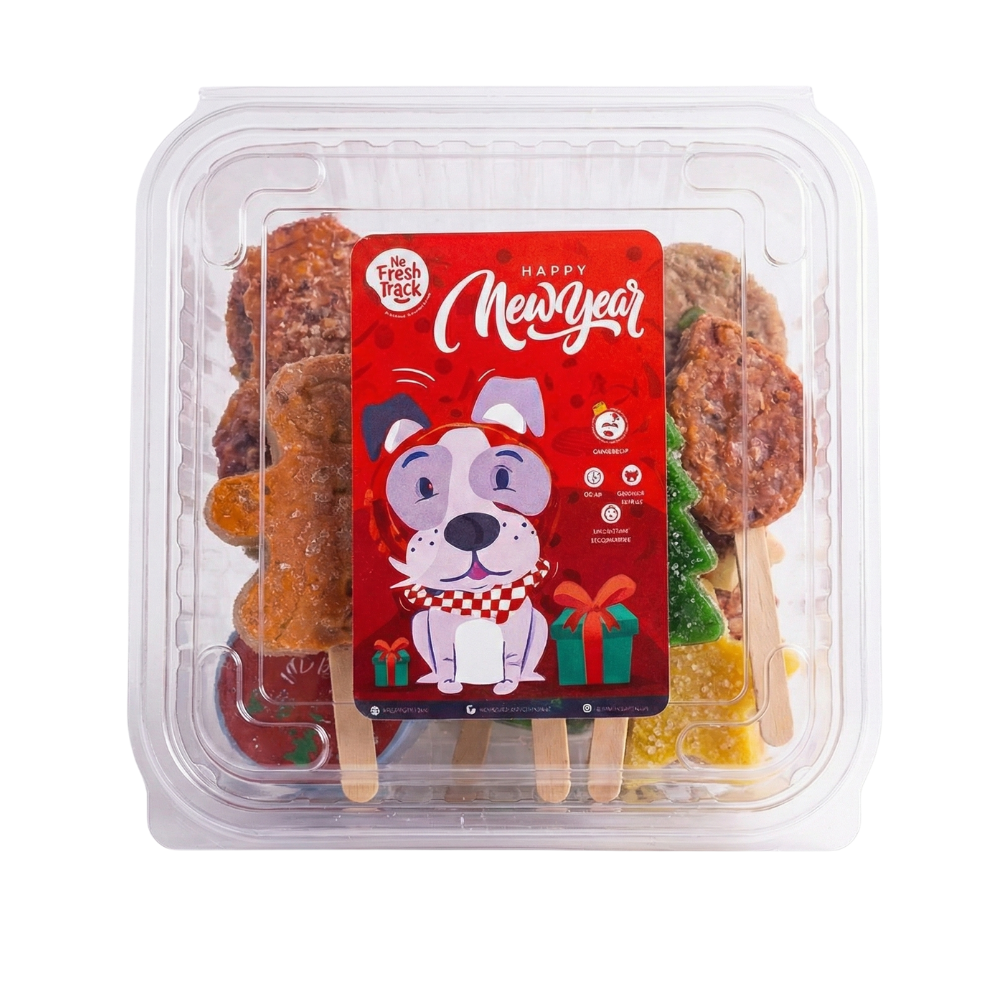Packaged treats with a New Year theme featuring a dog illustration on a white background.
